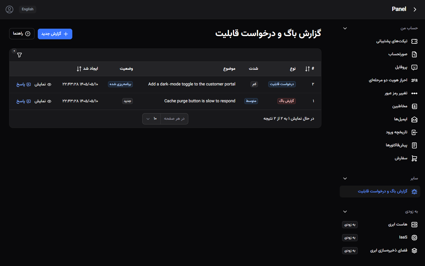 فهرست گزارش باگ و درخواست ویژگی